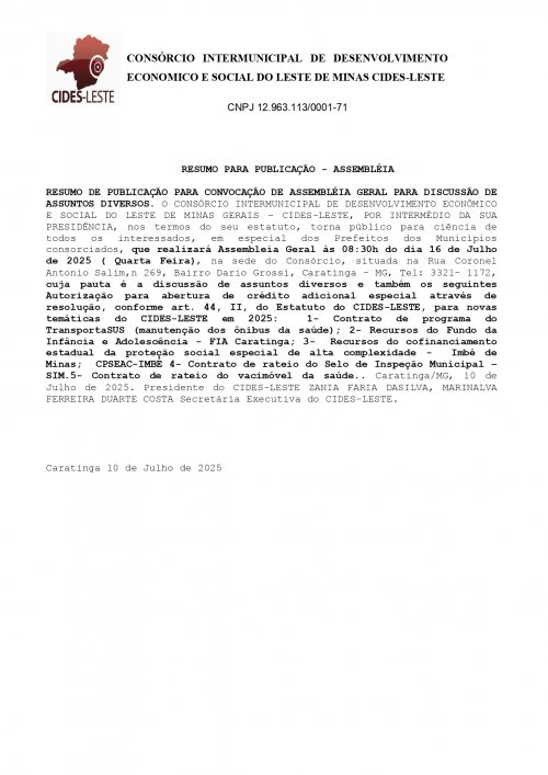 RESUMO DE PUBLICAÇÃO PARA CONVOCAÇÃO DE ASSEMBLÉIA GERAL PARA DISCUSSÃO DE ASSUNTOS DIVERSOS